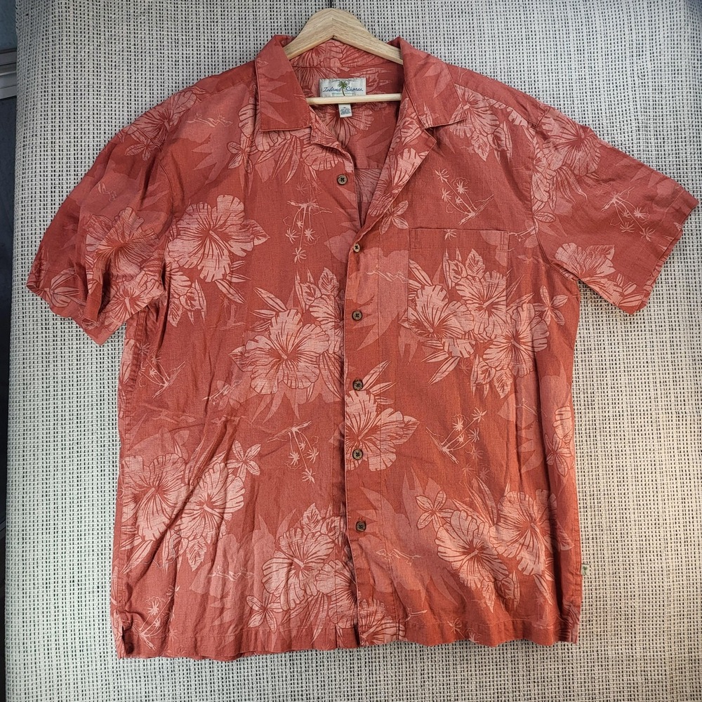 Island Shores Shirt Mens XL Rust Linen Blend Hawaiian Aloha Floral Button Front